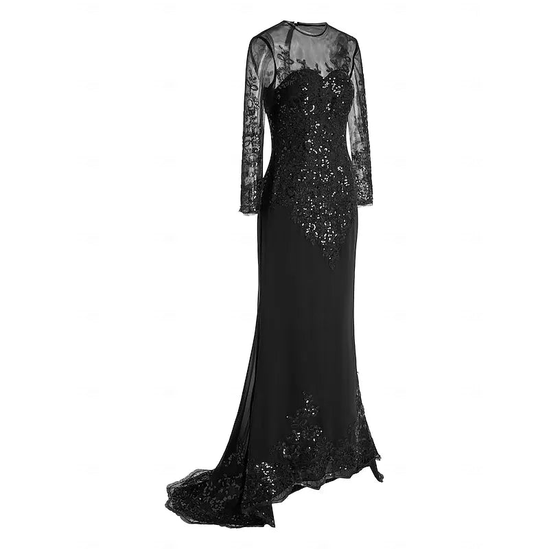 Black Mermaid Sheer Neck Long Sleeve Applique Evening Dress