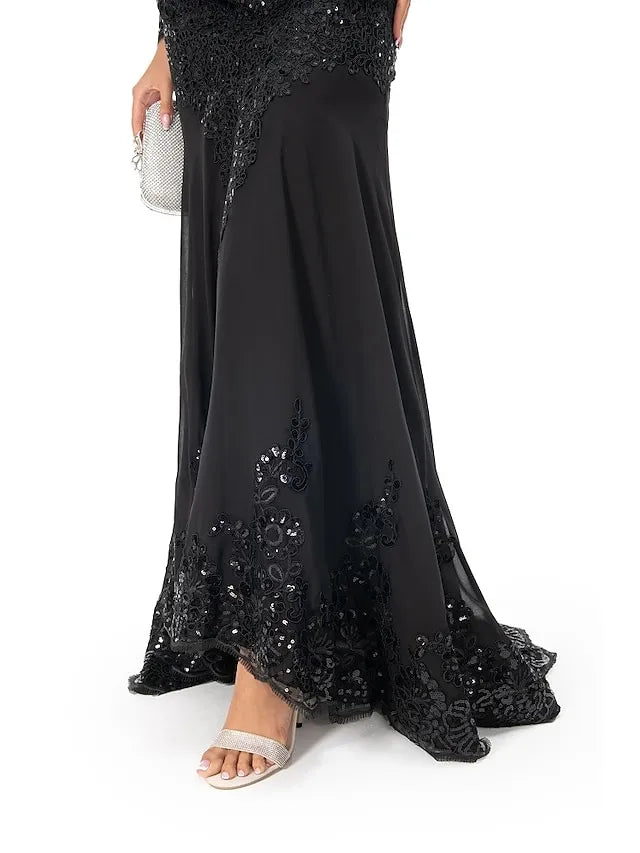 Black Mermaid Sheer Neck Long Sleeve Applique Evening Dress