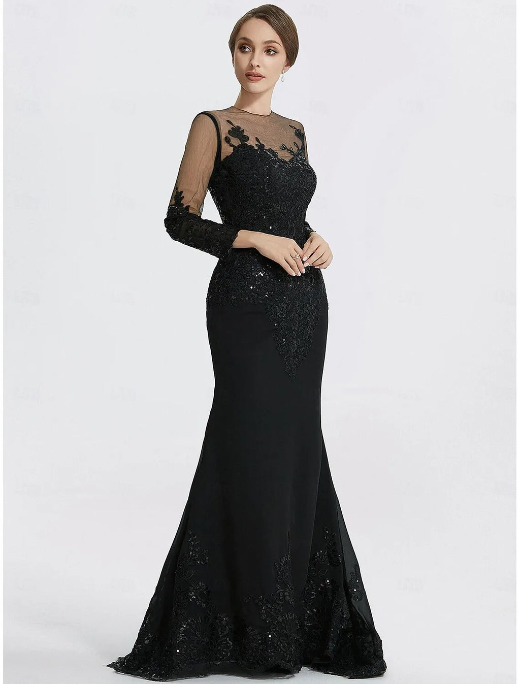 Black Mermaid Sheer Neck Long Sleeve Applique Evening Dress