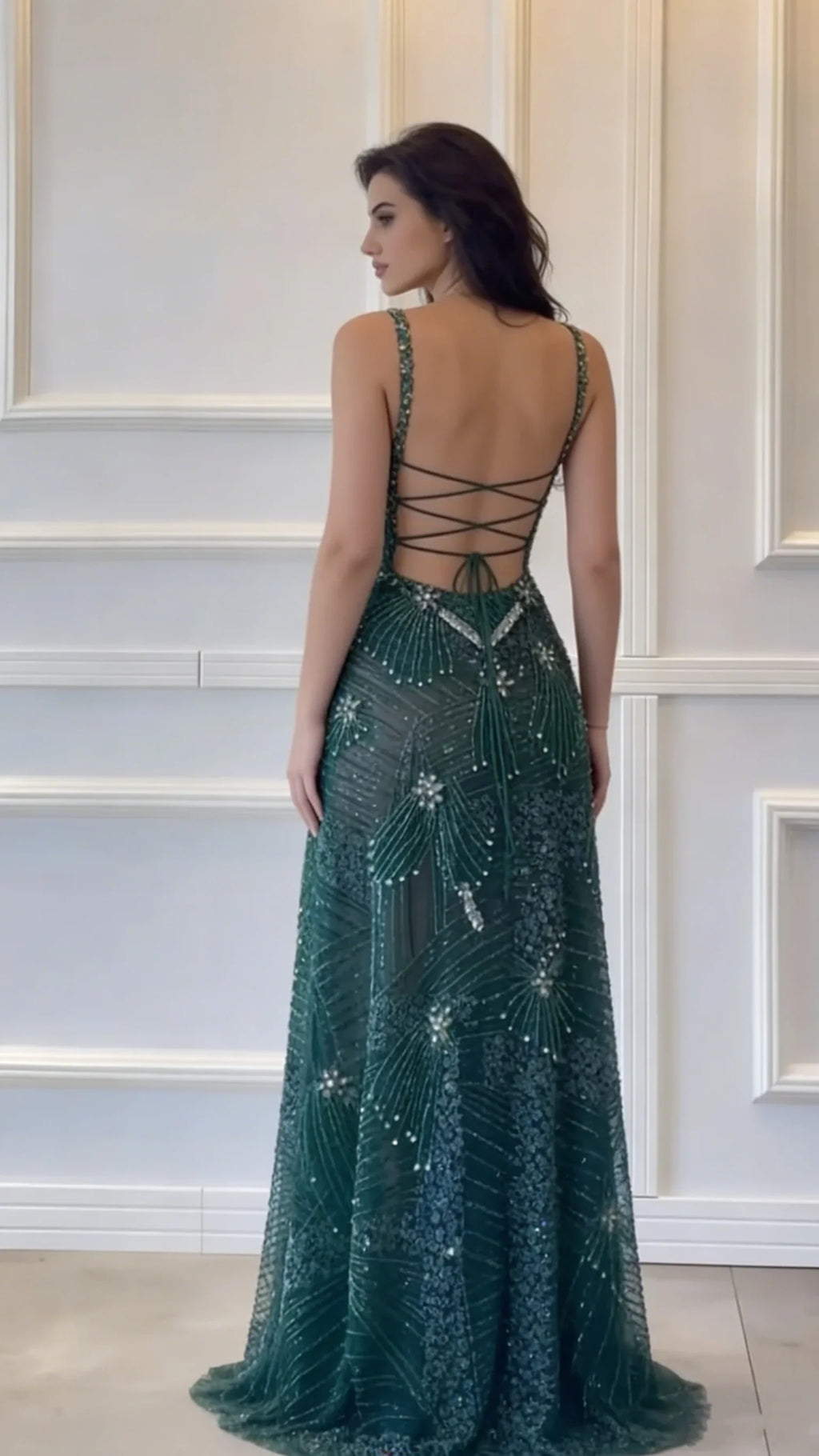 Green Mermaid Spaghetti Strap Beaded Emerald Maxi Prom Dress