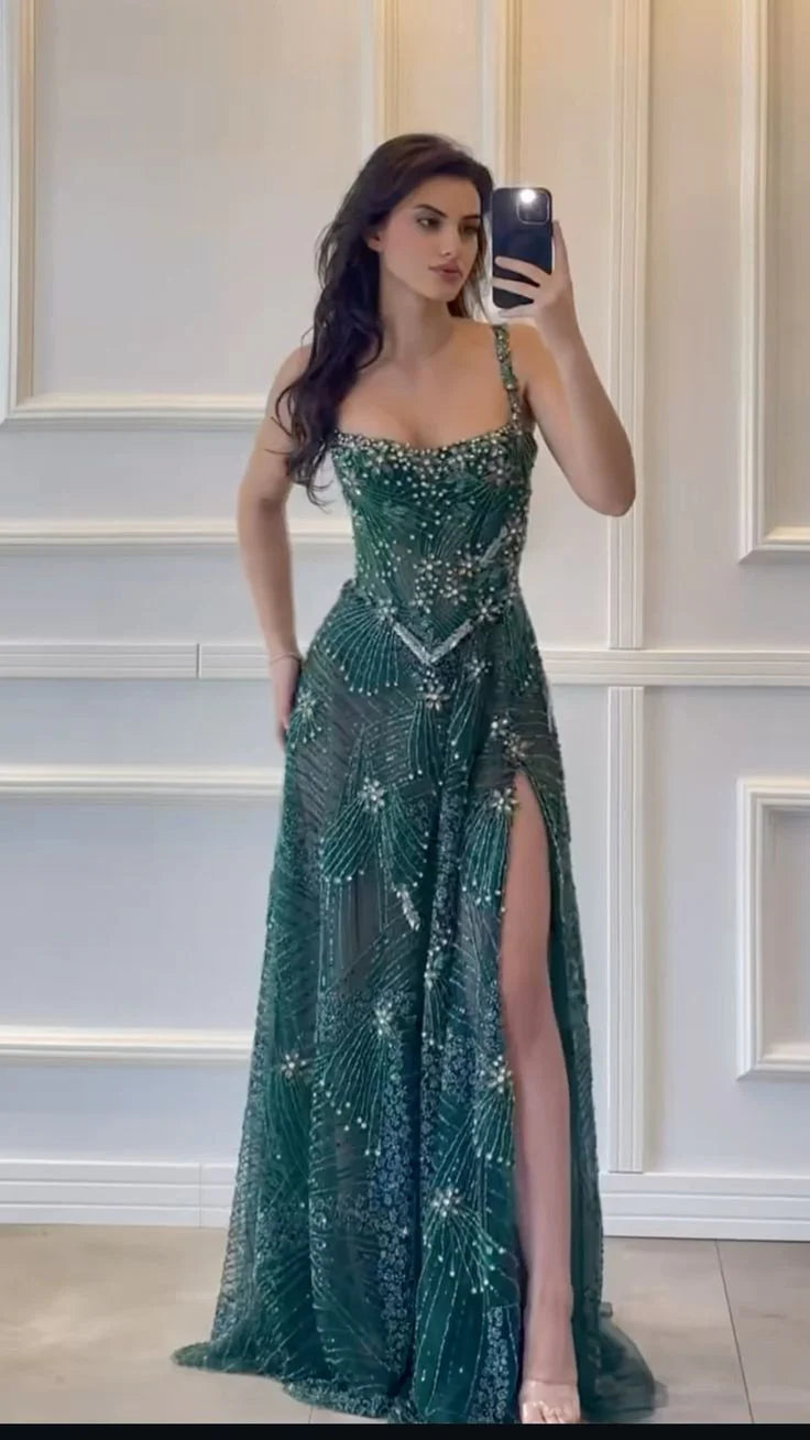 Green Mermaid Spaghetti Strap Beaded Emerald Maxi Prom Dress