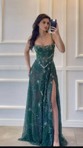 Green Mermaid Spaghetti Strap Beaded Emerald Maxi Prom Dress