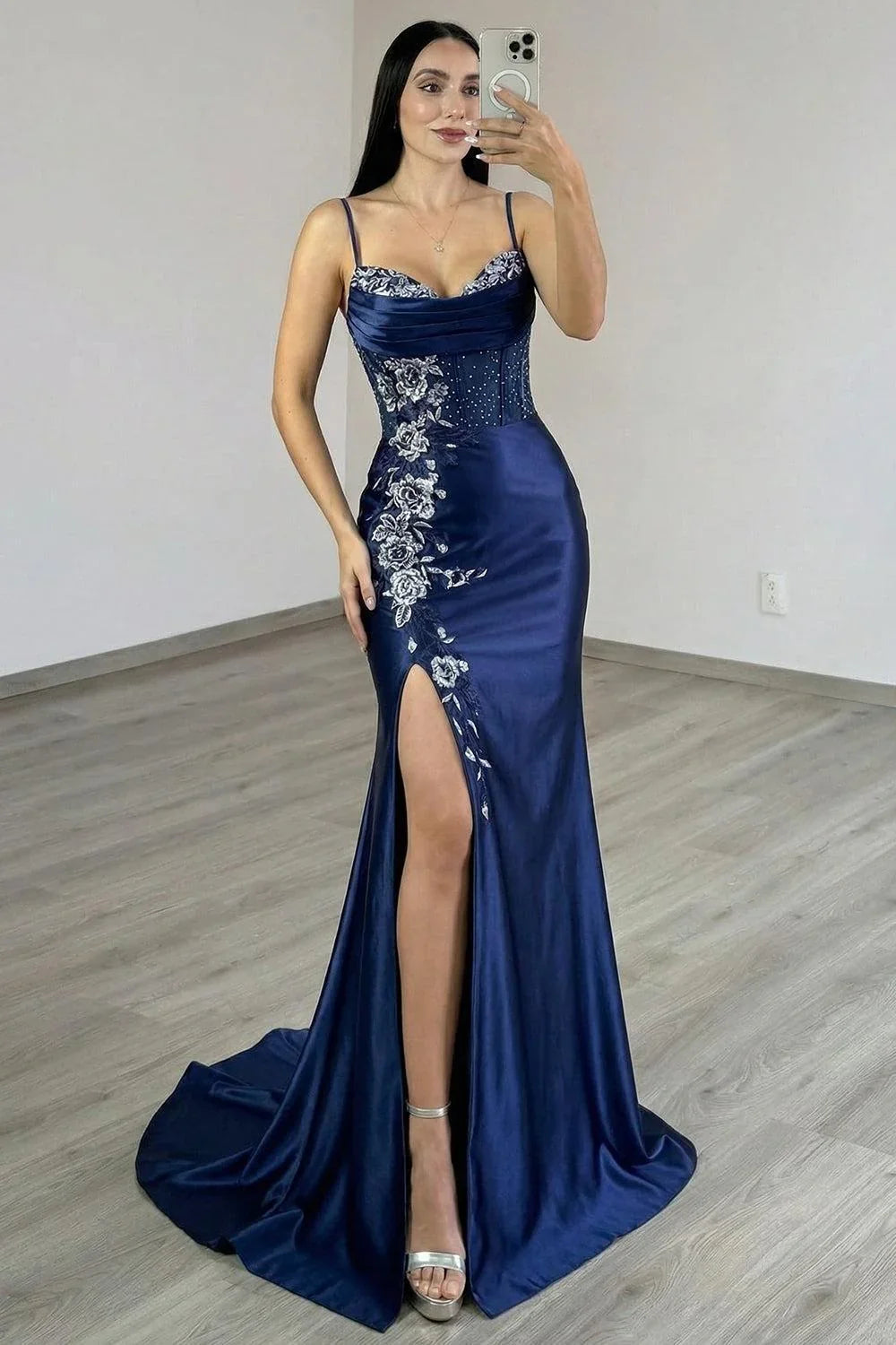 Navy Blue Mermaid Spaghetti Strap Embroidered Prom Dress