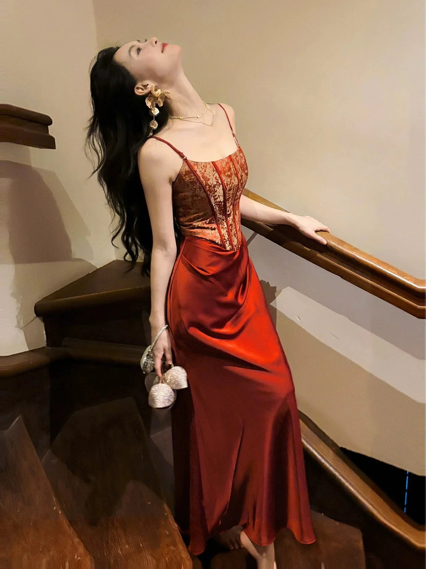 Red Mermaid Spaghetti Strap Jacquard Maxi Prom Dress