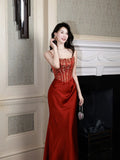 Red Mermaid Spaghetti Strap Jacquard Maxi Prom Dress