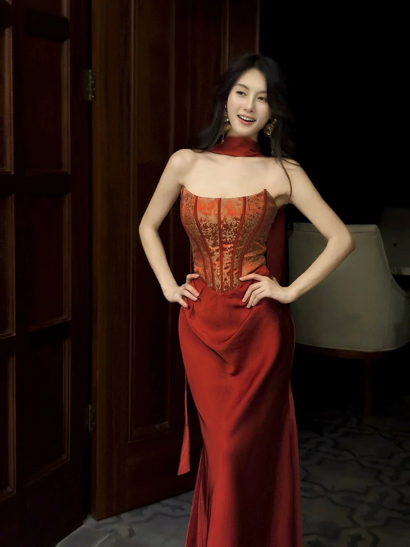 Red Mermaid Spaghetti Strap Jacquard Maxi Prom Dress