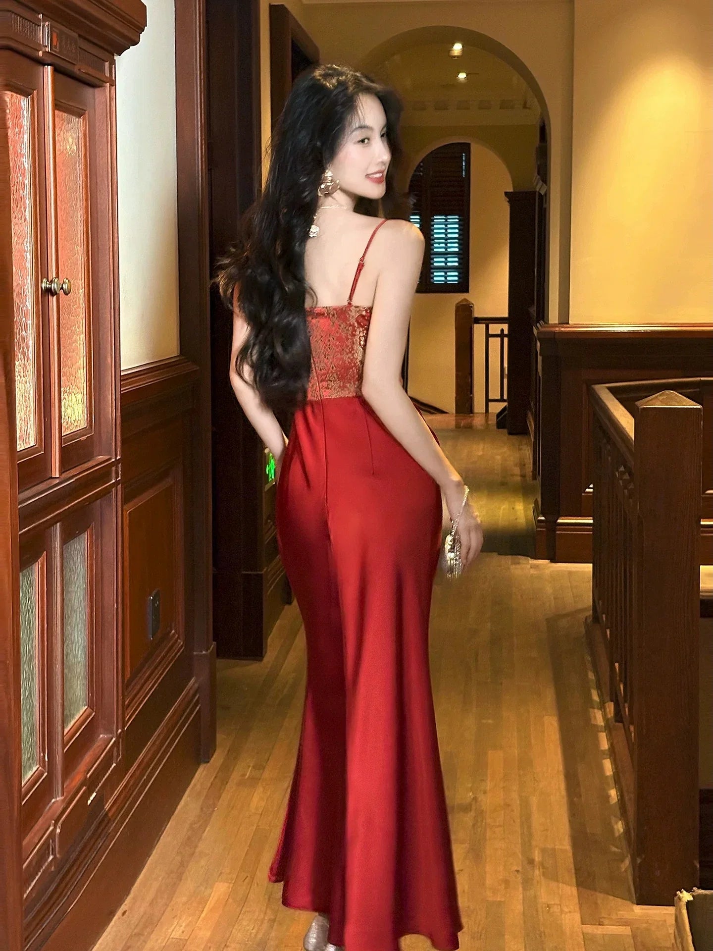 Red Mermaid Spaghetti Strap Jacquard Maxi Prom Dress