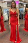 Special Occasion Sophisticated Graceful Stylish Elegant Red Lace Mermaid Spaghetti Strap Prom Dress
