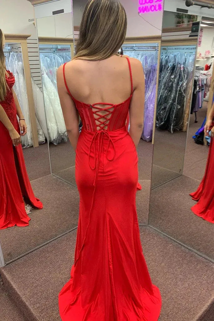 Special Occasion Sophisticated Graceful Stylish Elegant Red Lace Mermaid Spaghetti Strap Prom Dress