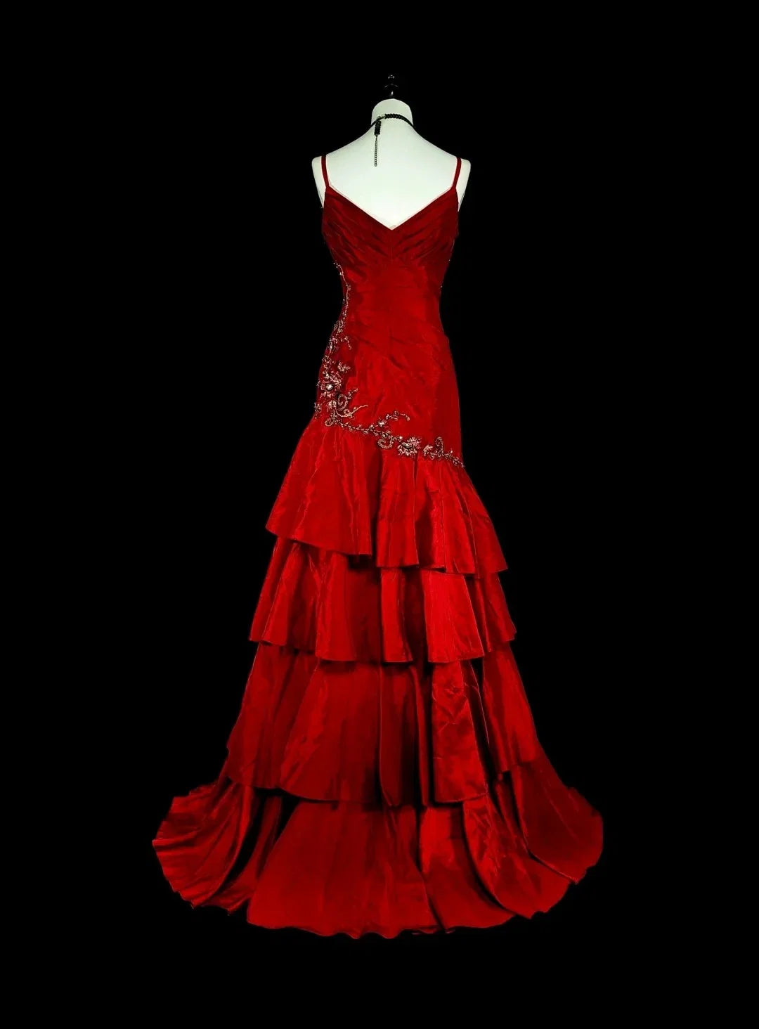 Red Mermaid Spaghetti Strap Ruffled Maxi Prom Dress