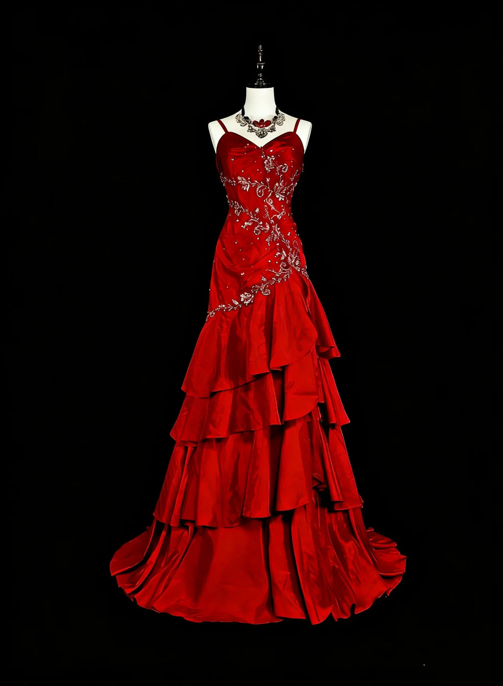 Red Mermaid Spaghetti Strap Ruffled Maxi Prom Dress