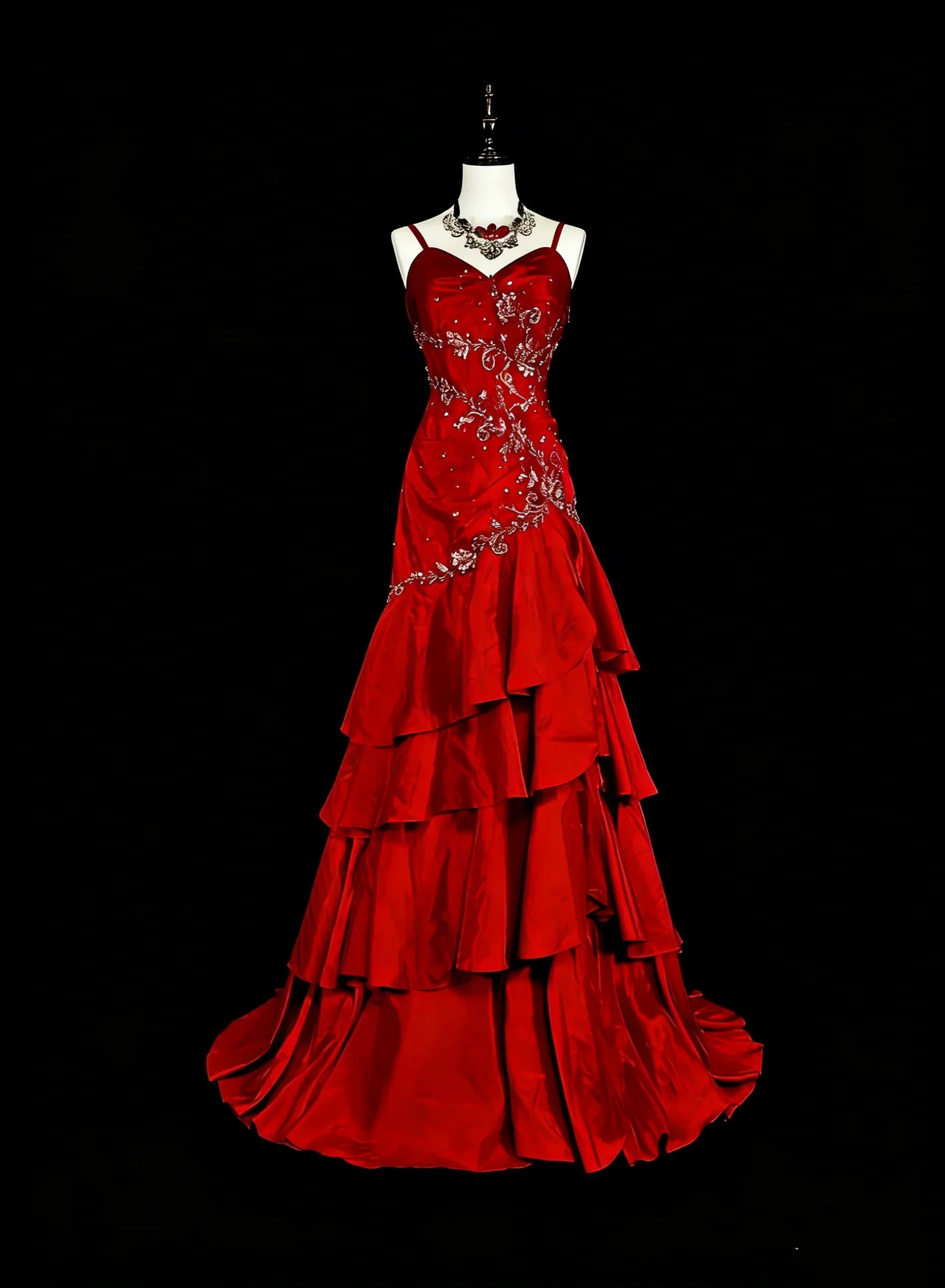Red Mermaid Spaghetti Strap Ruffled Maxi Prom Dress