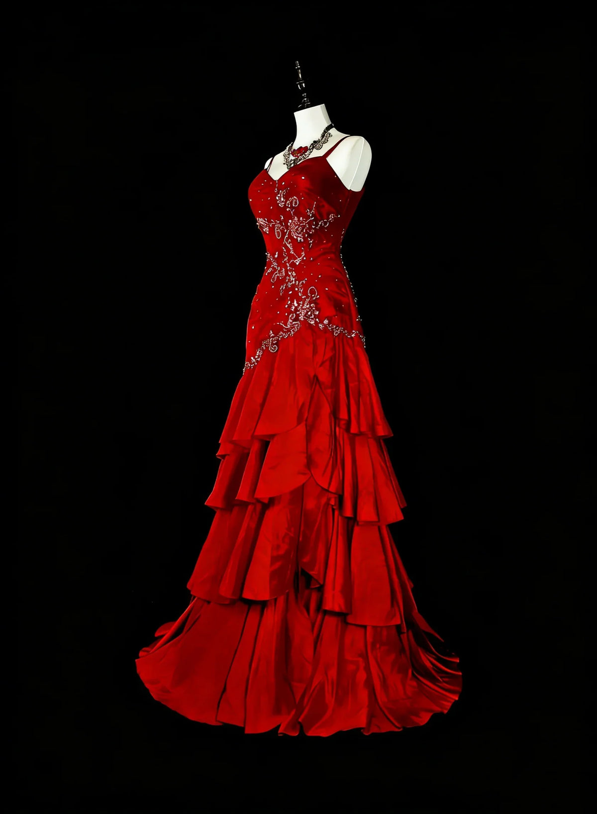 Red Mermaid Spaghetti Strap Ruffled Maxi Prom Dress