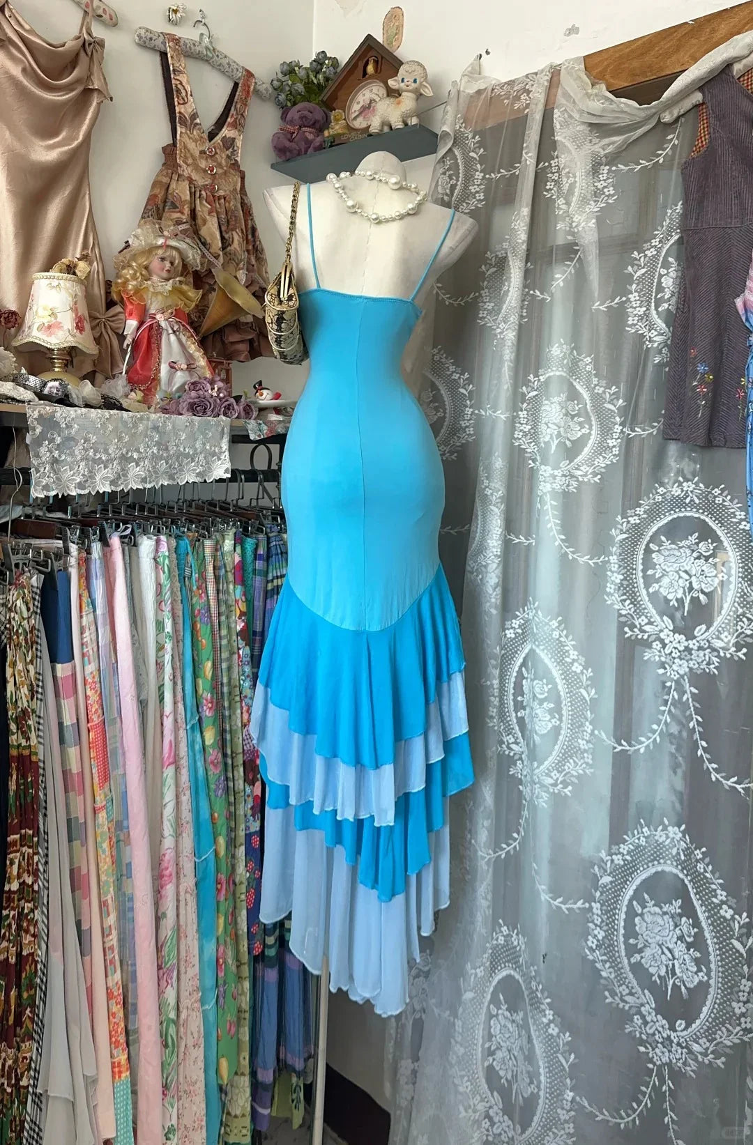 Mermaid Spaghetti Strap Ruffled Turquoise Maxi Prom Dress