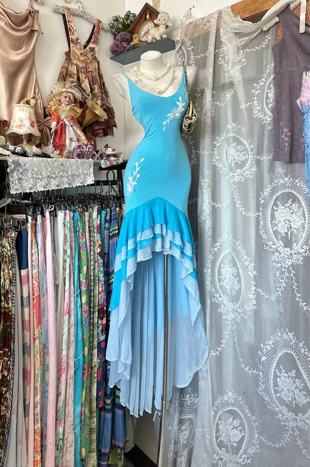 Mermaid Spaghetti Strap Ruffled Turquoise Maxi Prom Dress