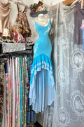 Mermaid Spaghetti Strap Ruffled Turquoise Maxi Prom Dress