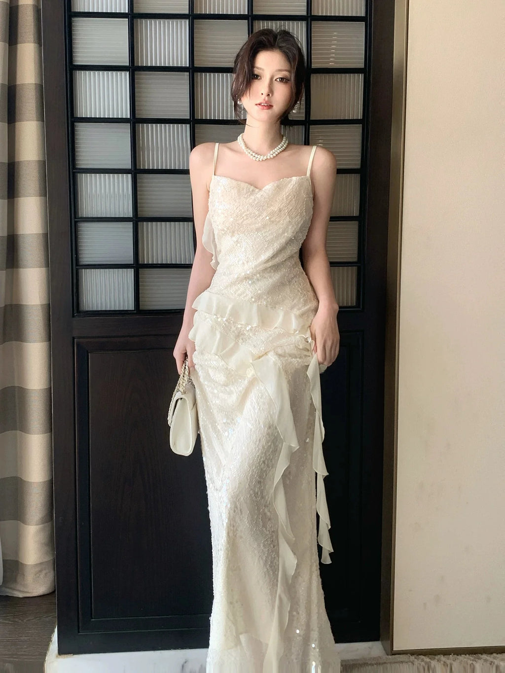 Ivory Mermaid Spaghetti Strap Maxi Prom Dress