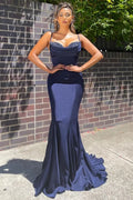 Navy Blue Mermaid Spaghetti Strap Maxi Prom Dress