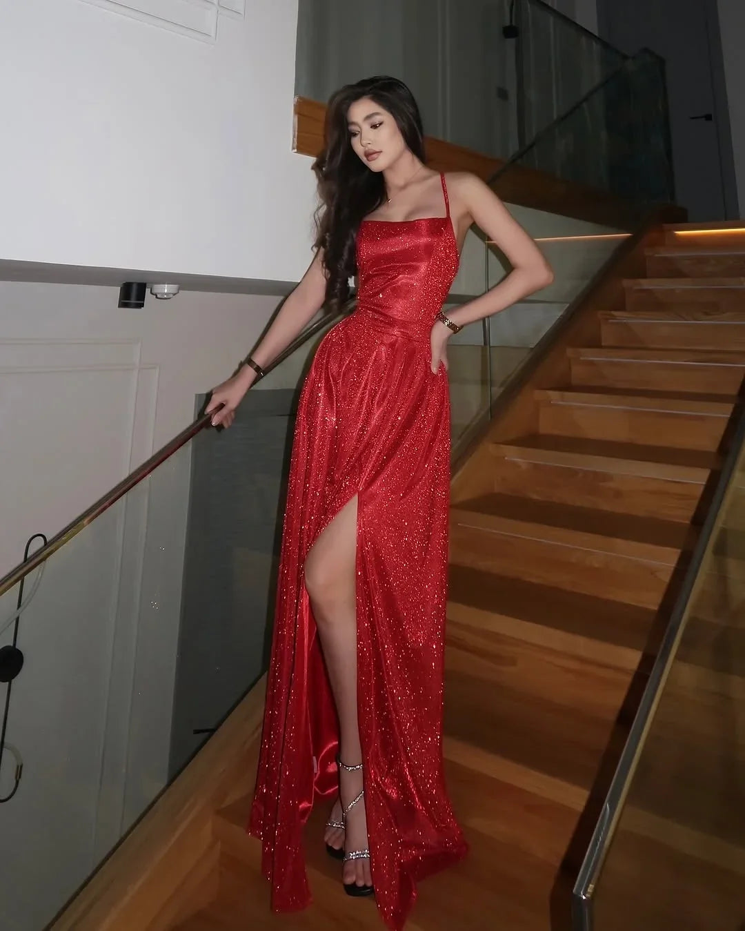 Red Mermaid Spaghetti Strap Prom Dress