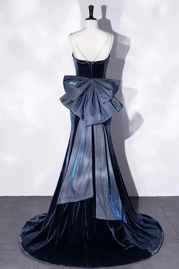 Navy Blue Mermaid Spaghetti Straps Bow-Adorned Prom Dresses