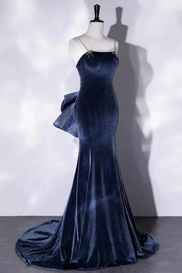 Navy Blue Mermaid Spaghetti Straps Bow-Adorned Prom Dresses