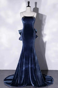 Navy Blue Mermaid Spaghetti Straps Bow-Adorned Prom Dresses