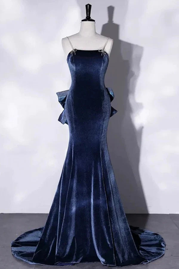Navy Blue Mermaid Spaghetti Straps Bow-Adorned Prom Dresses