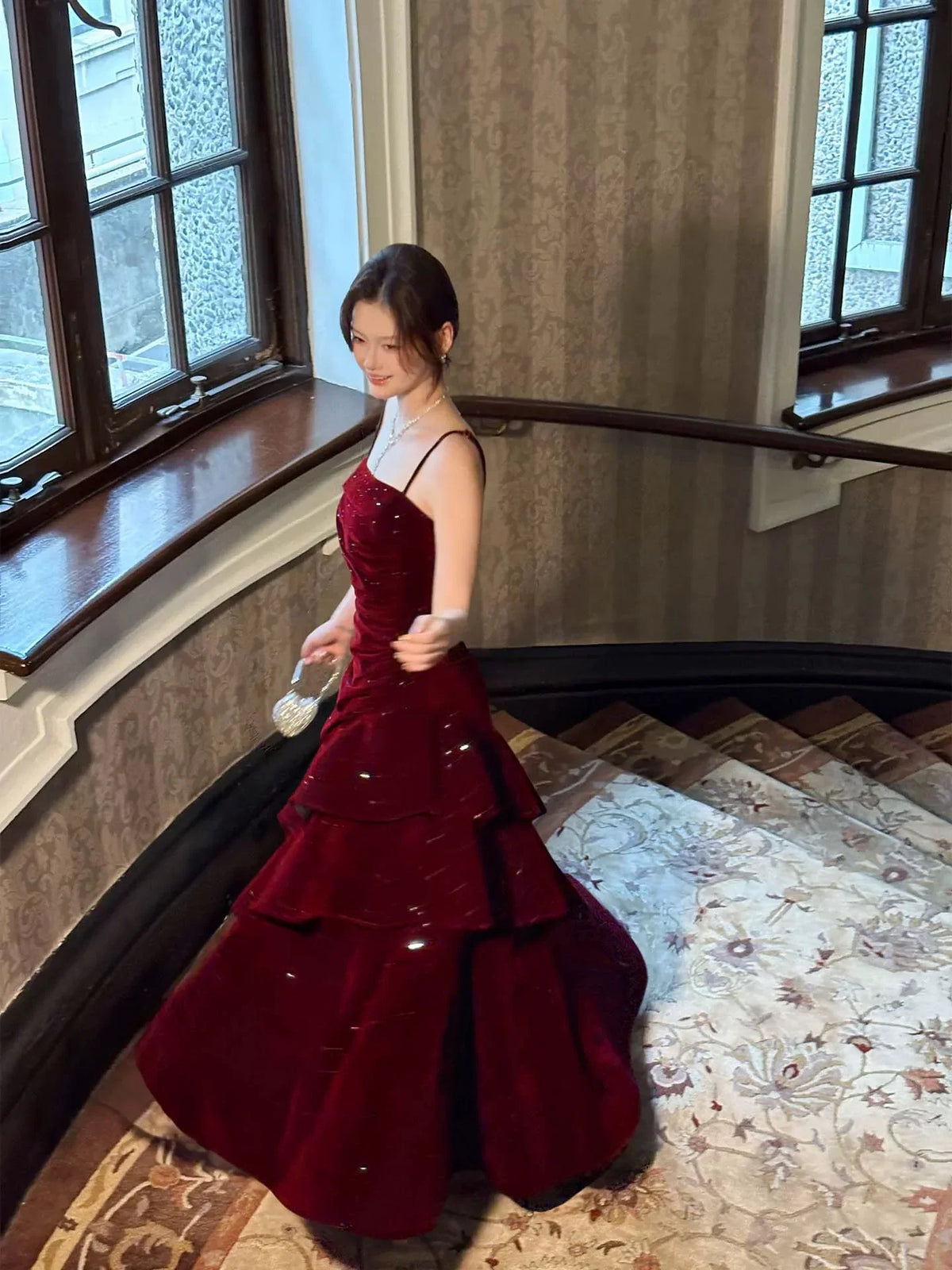 Burgundy Mermaid Square Neck Glitter Maxi Prom Dress