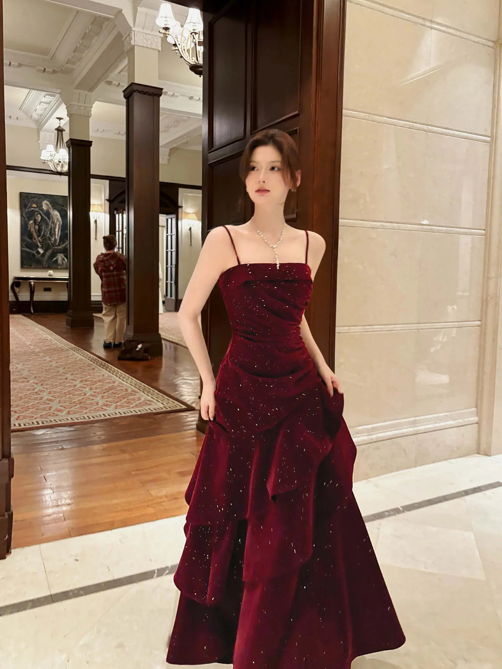 Burgundy Mermaid Square Neck Glitter Maxi Prom Dress