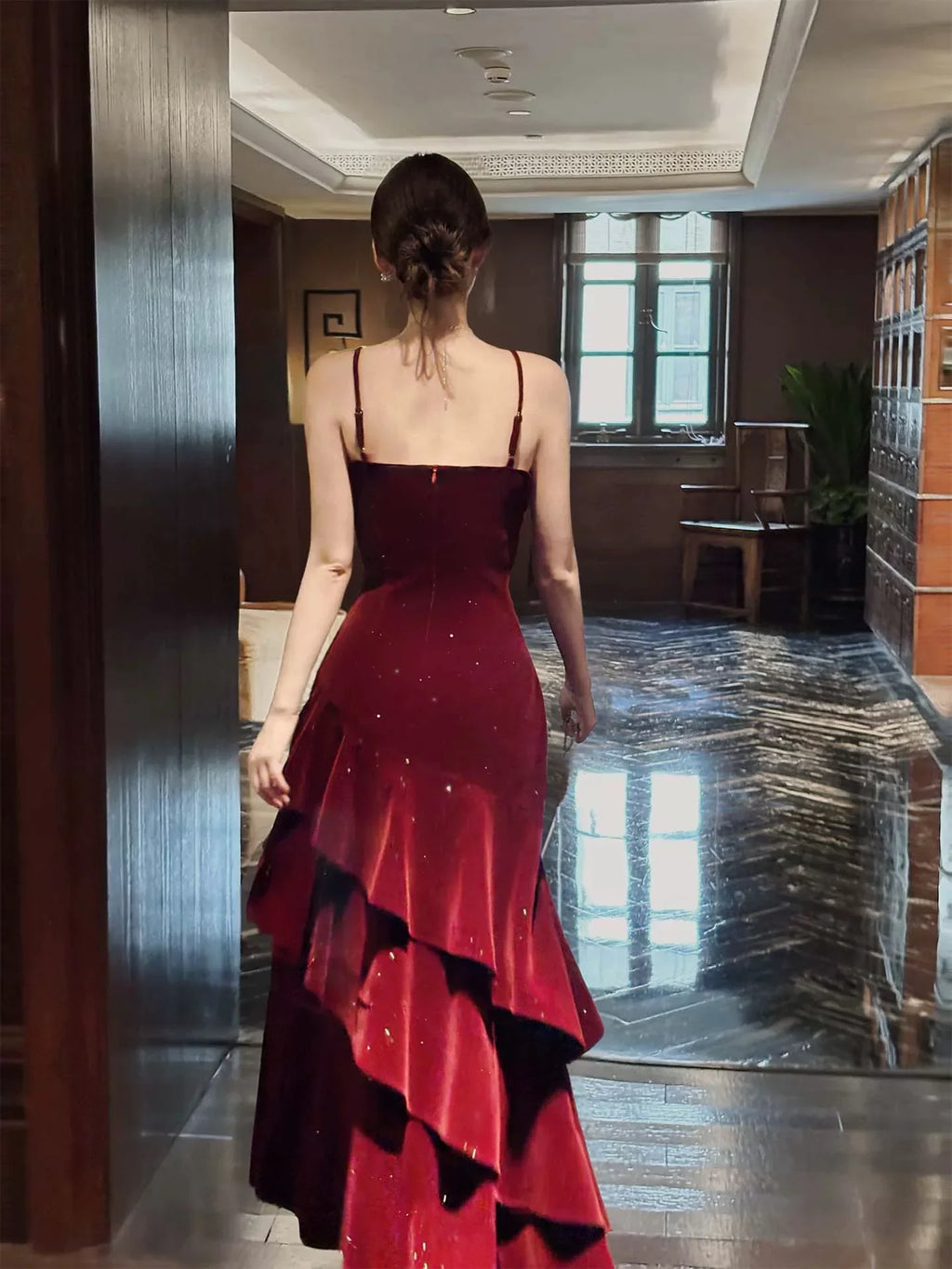 Burgundy Mermaid Square Neck Glitter Maxi Prom Dress