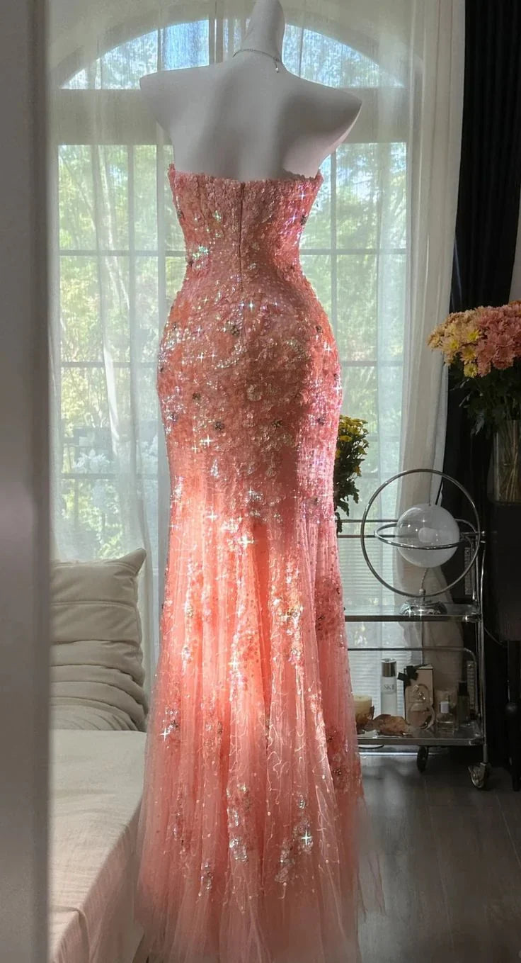Coral Mermaid Strapless Beaded Maxi Prom Dress
