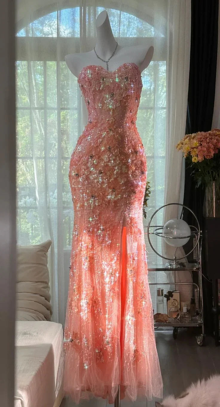 Coral Mermaid Strapless Beaded Maxi Prom Dress