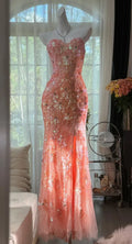 Coral Mermaid Strapless Beaded Maxi Prom Dress
