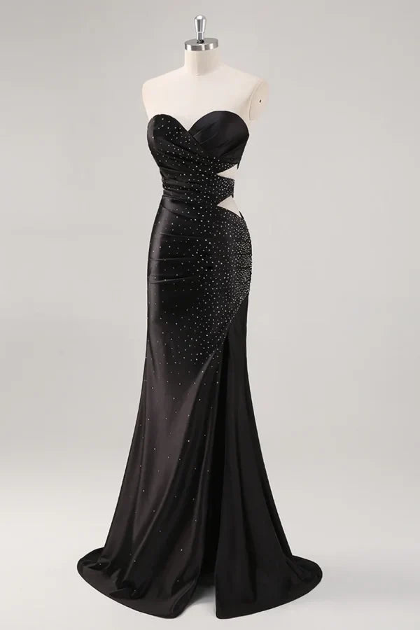 Black Mermaid Strapless Beaded Cutout Maxi Evening Dress