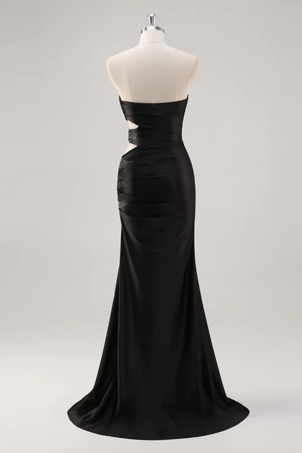 Black Mermaid Strapless Beaded Cutout Maxi Evening Dress