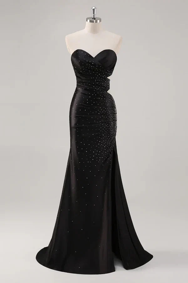 Black Mermaid Strapless Beaded Cutout Maxi Evening Dress