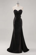 Black Mermaid Strapless Beaded Cutout Maxi Evening Dress