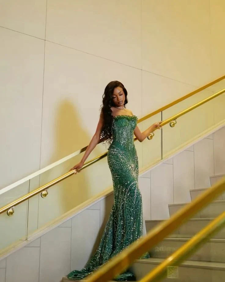 Green Mermaid Strapless Beaded Emerald Maxi Prom Dress