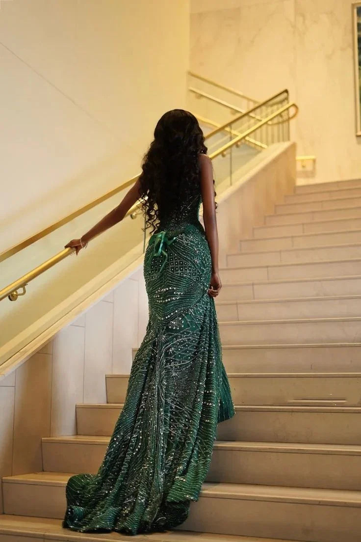 Green Mermaid Strapless Beaded Emerald Maxi Prom Dress