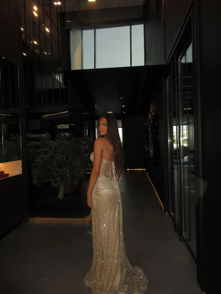 Gold Mermaid Strapless Beaded Maxi Prom Dress