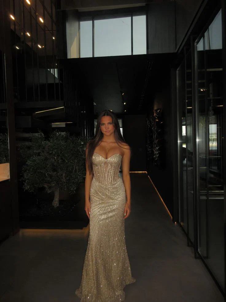 Gold Mermaid Strapless Beaded Maxi Prom Dress