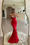 Red Mermaid Strapless Beaded Maxi Evening Dress