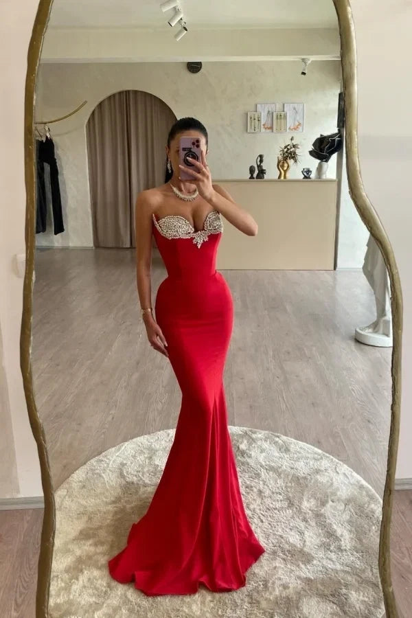 Red Mermaid Strapless Beaded Maxi Evening Dress