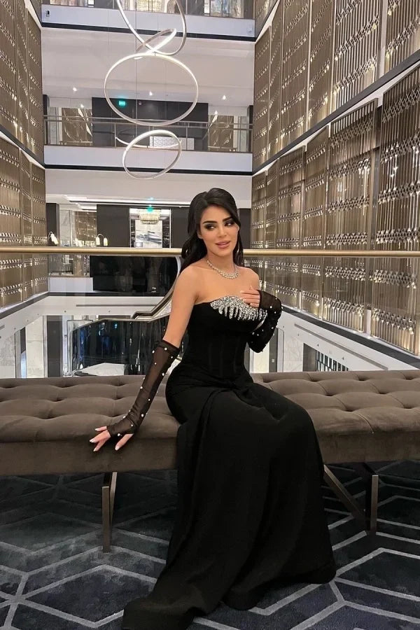 Black Mermaid Strapless Beaded Maxi Evening Dress