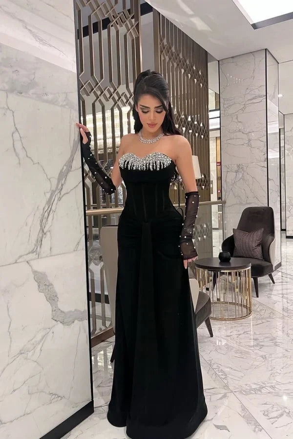 Black Mermaid Strapless Beaded Maxi Evening Dress