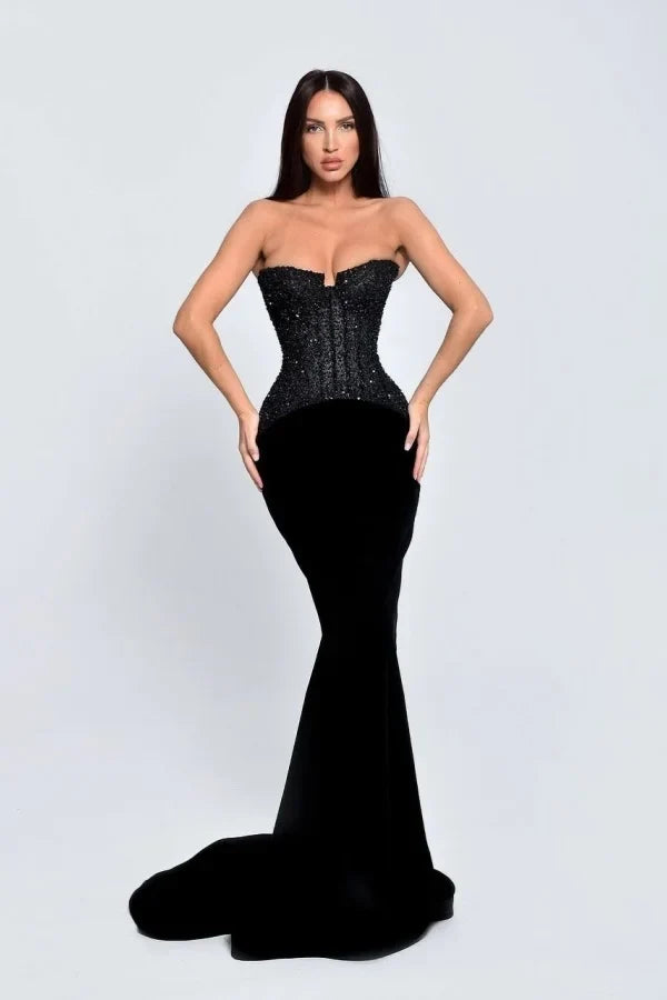 Black Mermaid Strapless Corset Floor-Length Prom Dress