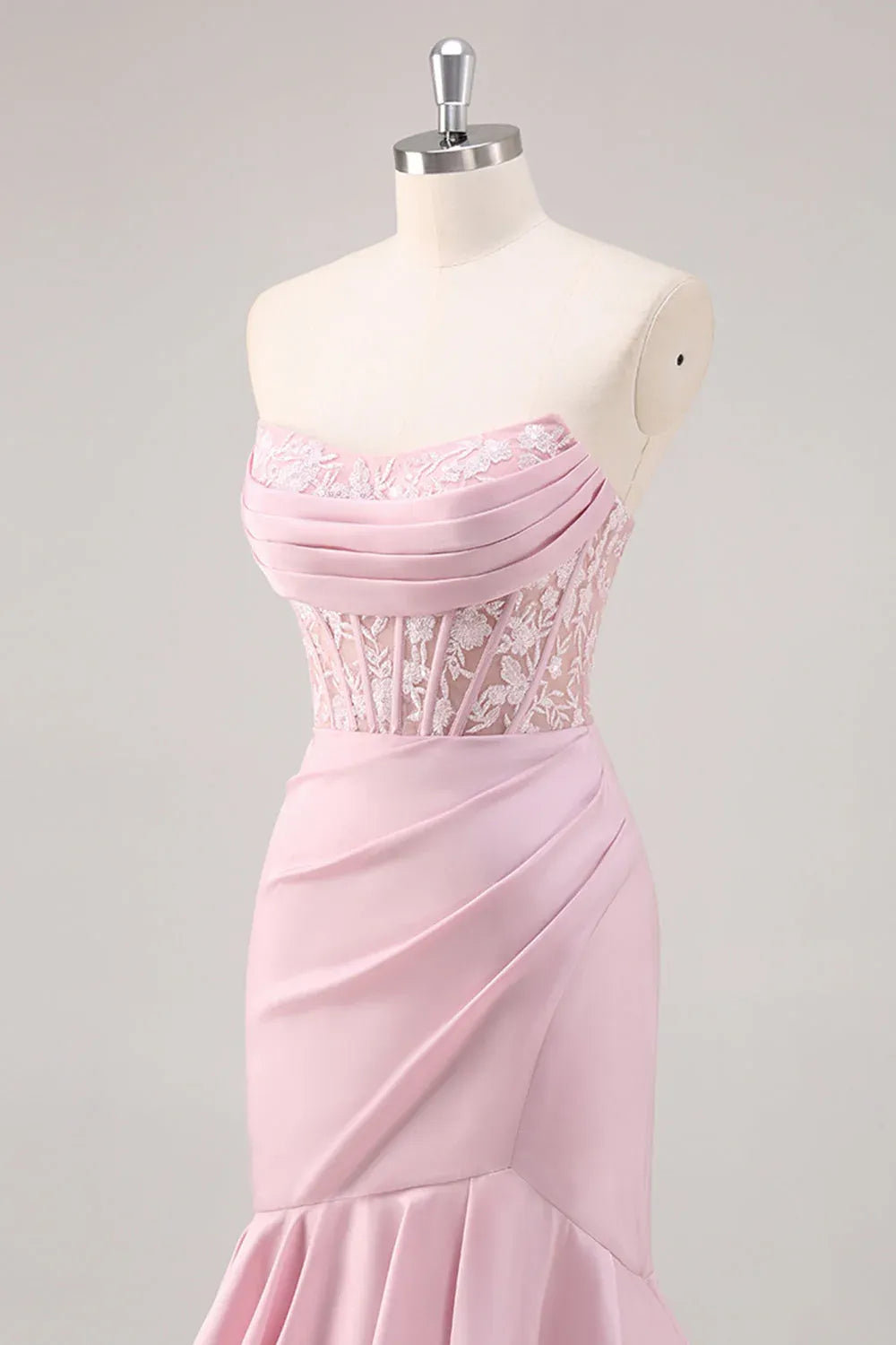 Mermaid Strapless Corset Tiered Ruffle Blush Maxi Prom Dress
