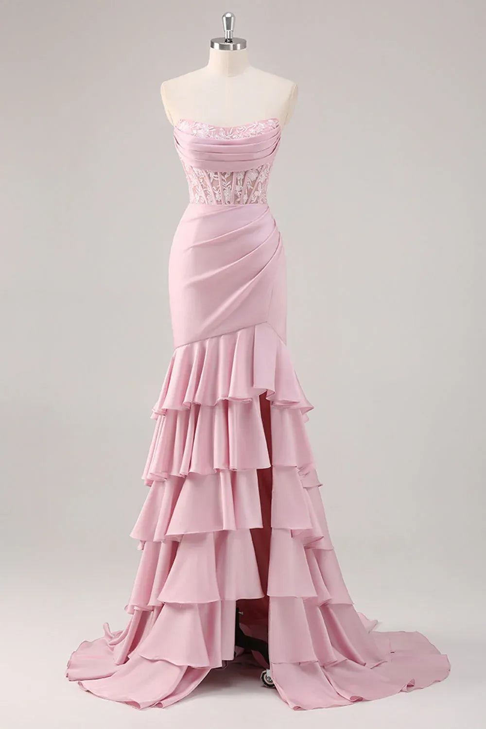 Mermaid Strapless Corset Tiered Ruffle Blush Maxi Prom Dress