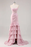Mermaid Strapless Corset Tiered Ruffle Blush Maxi Prom Dress