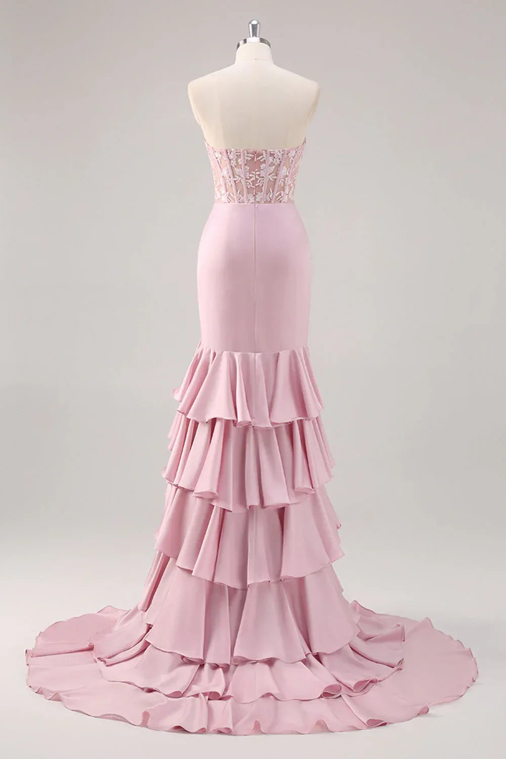Mermaid Strapless Corset Tiered Ruffle Blush Maxi Prom Dress